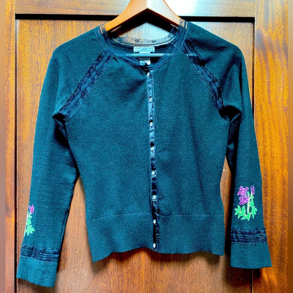 Gorgeous embroidered cardigan with sequin, satin and lace details.
